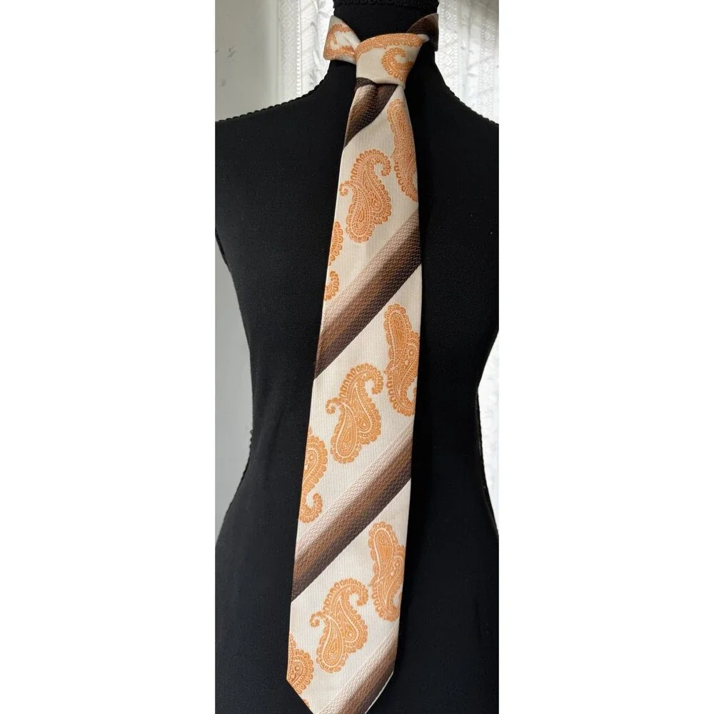Karl Knox Bold Designer Necktie Orange Paisley Geometric Brown Cream Microfiber